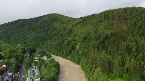 Drone view over the green forest and small city in mountainous area sunny day in Stock Footage 197485755
