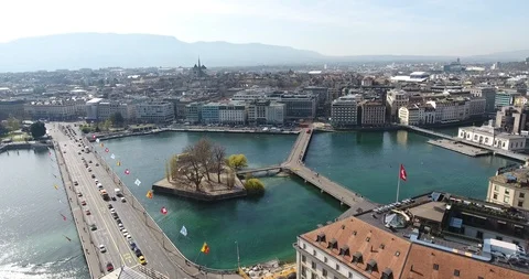 Drone view over Ile Rousseau and Rhone River in Geneva, Switzerland Stockbeeldmateriaal 116157760