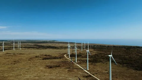 Drone view over Kaliakra Cape and wind turbines in Bulgaria at the Black Sea Stock Footage 219626293