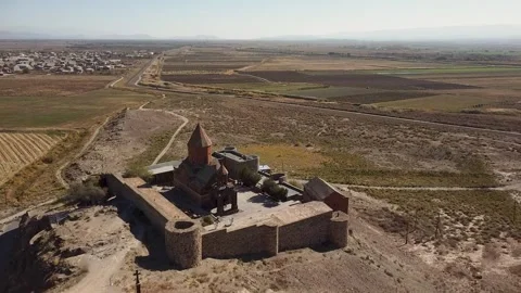 Drone view over the Khor Virap Monastery in Armenia Video stock 266827560