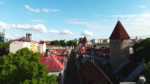 Drone View Over Medieval Towers of Tallinn Old Town, Estonia Stock Footage 311272194
