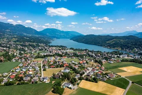 Drone view over Millstatter see in Austria Dolomites. Aerial shot of lake Stock Photos