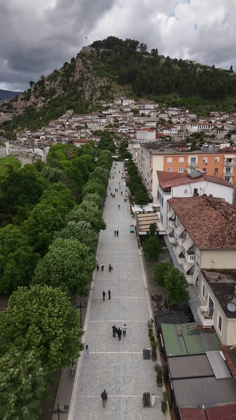Drone View over Pedestrian Xhiro on Bulevardi Republika in Berat, 4K Stock Footage 337178579