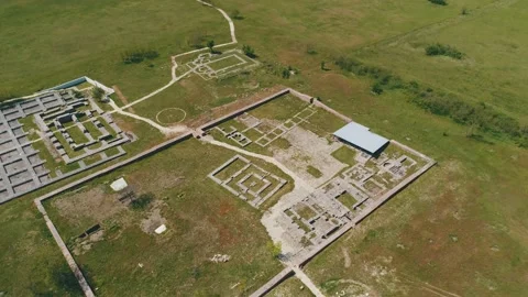 Drone view over Pliska, Bulgaria and the Ruins of The Great Basilica Stockbeeldmateriaal 138707141