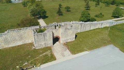 Drone view over Pliska, Bulgaria and the Ruins of The Great Basilica Stockbeeldmateriaal 138707241