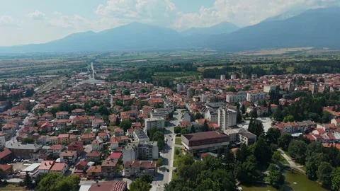 Drone view over Razlog surrounding landscape and valley Bulgaria Stock Footage 344059040