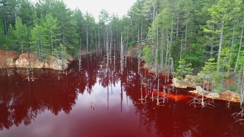 Drone view over Red Lake to the village of Elshitsa Bulgaria Stock Footage 256031622