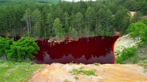 Drone view over Red Lake to the village of Elshitsa Bulgaria Stock Footage 256031852