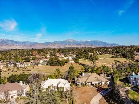 Drone View Over Redlands, CA Towards Mount San Gorgonio Stock Photos