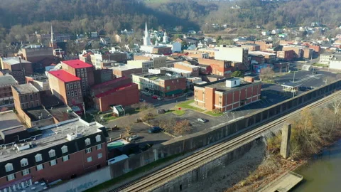Drone view over riverfront town Stock Footage 158068189