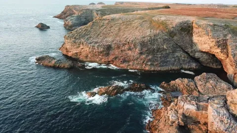 Drone view over a rocky seaside in belle ile en mer, France Stock Footage 164580488