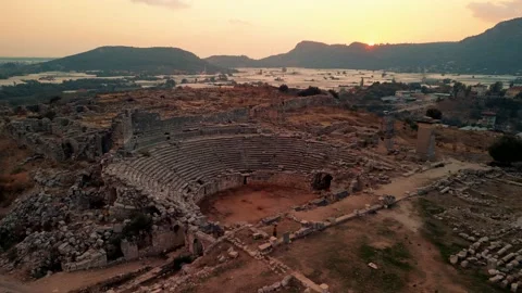 Drone view over Ruins of ancient Lycian city of Xanthos , Kinik, Turkey Stock Footage 231240265