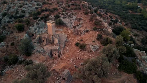 Drone view over Ruins of ancient Lycian city of Xanthos , Kinik, Turkey Stock Footage 231240459