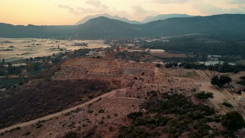 Drone view over Ruins of ancient Lycian city of Xanthos , Kinik, Turkey Stock Footage 231240510