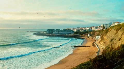 Drone view over sandy beach with flying birds. Touristic city Ericeira , Po.. Stock-Footage 239580273