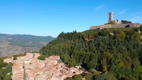 Drone view over a small town and a fortress on the hill Stock Footage 115048746