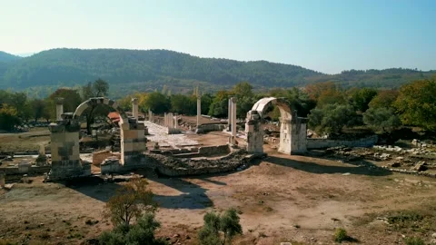 Drone view over Stratonikeia Ancient City in Eskihisar, Mugla, Turkey.	 Stock Footage 231244366