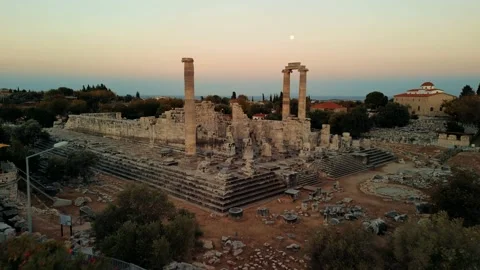 Drone view over Temple of Apollo in Didyma Ancient City at sunrise in Didim Stock Footage 231239996