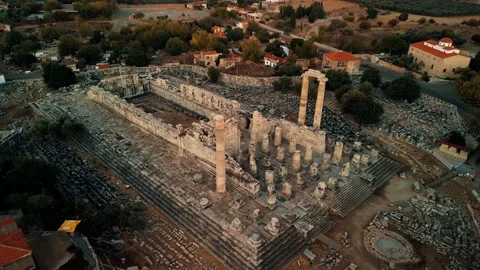 Drone view over Temple of Apollo in Didyma Ancient City at sunrise in Didim Stock Footage 231240027