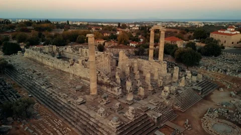 Drone view over Temple of Apollo in Didyma Ancient City at sunrise in Didim Stock Footage 231240030