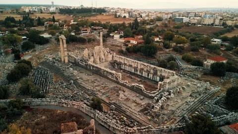 Drone view over Temple of Apollo in Didyma Ancient City at sunrise in Didim 스톡 동영상 231240035