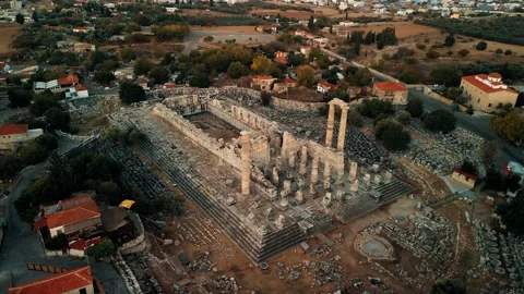Drone view over Temple of Apollo in Didyma Ancient City at sunrise in Didim Stock Footage 231240039