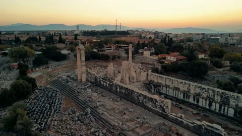 Drone view over Temple of Apollo in Didyma Ancient City at sunrise in Didim Stock Footage 231240046