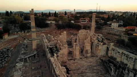 Drone view over Temple of Apollo in Didyma Ancient City at sunrise in Didim Stock Footage 231240082