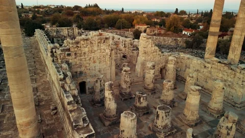 Drone view over Temple of Apollo in Didyma Ancient City at sunrise in Didim Stock Footage 231240093