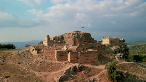 Drone view over Tlos ruins and tombs,an ancient Lycian city,Mugla,Turkey. Stock Footage 231245402
