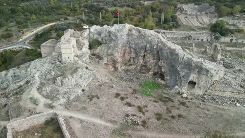 Drone view over Tlos ruins and tombs,an ancient Lycian city,Mugla,Turkey. Stock Footage 231245467