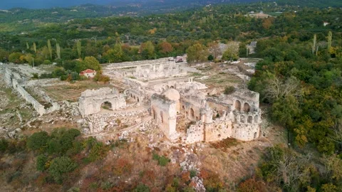 Drone view over Tlos ruins and tombs,an ancient Lycian city,Mugla,Turkey. Stock Footage 231245656
