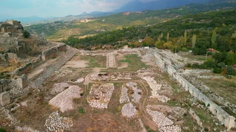 Drone view over Tlos ruins and tombs,an ancient Lycian city,Mugla,Turkey. Stock Footage 231245666