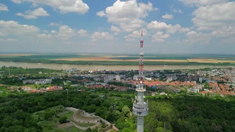 Drone view over The TV tower and the sky. Near Silistra, Bulgaria Video stock 256037353