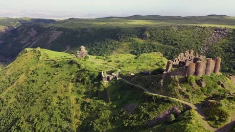 Drone view over the Vahramashen Chapel and famous Amberd fortress Stock Footage 233605324