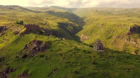 Drone view over the Vahramashen Chapel and famous Amberd fortress Stock Footage 233605532