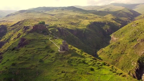 Drone view over the Vahramashen Chapel and famous Amberd fortress  Stock Footage 233605641