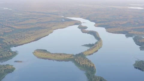 Drone view over vast lake with green island landscape Vídeos de archivo 333830568
