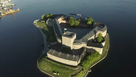 Drone view over Vaxholm kastell in sunset, Stockholm archipelago Stock Footage 153003165