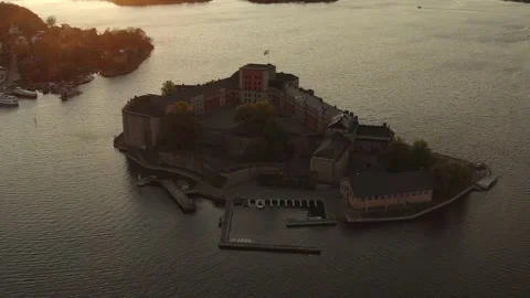 Drone view over Vaxholm kastell in sunset, Stockholm archipelago Stock Footage 153003448