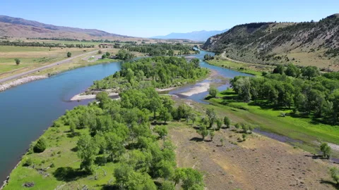 Drone view over the Yellowstone River in Montana Stock Footage 285257149