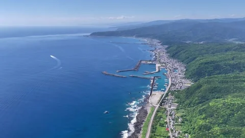 Drone View of Pacific Coastline and Harbor Near Cape Muroto, Japan Video stock 342252546