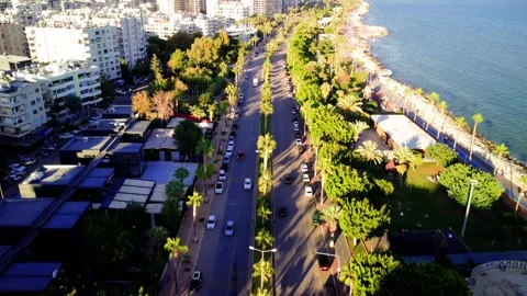 Drone view of palm-lined road in Mersin, epitomizing urban landscape. Road Stock Footage 256705129