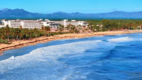Drone view of palm tree resort beach on Caribbean coast. Stock Footage 300171947