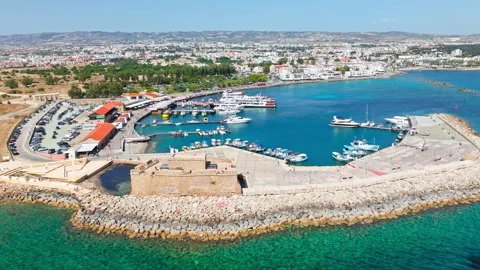 Drone view of Paphos Harbour and castle area in Cyprus. Stock Footage 341667627