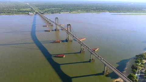 Drone view of the Paraná River and General Belgrano Bridge in Corrientes Stock-Footage 320978235