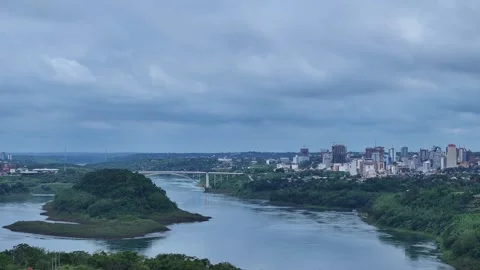 Drone view of the Parana River, the natural border between Foz do Iguaçu and Stock-Footage 299775144
