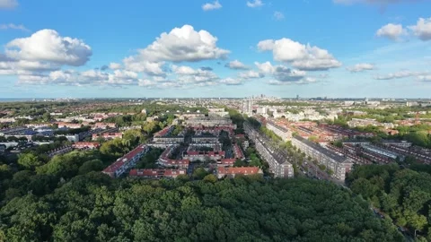Drone view of park forest and The Hague city slow pan Video stock 344530993