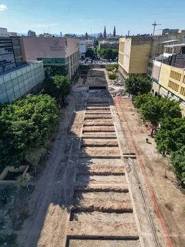 Drone view of Paseo Hospicio undergoing major urban remodeling in Guadalajara Stock Photos