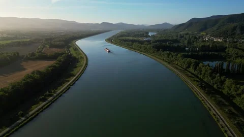 Drone View of a Passenger Ship on the Rhone River in France Video stock 295003408